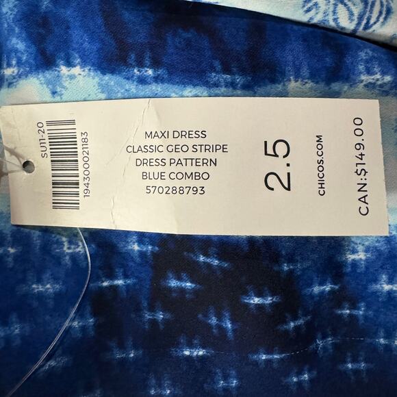 Chico’s SZ 2.5 (Large) Maxi Dress V-Neck Sleeveless Pleats Stretch Rear Zip Blue - Picture 8 of 9